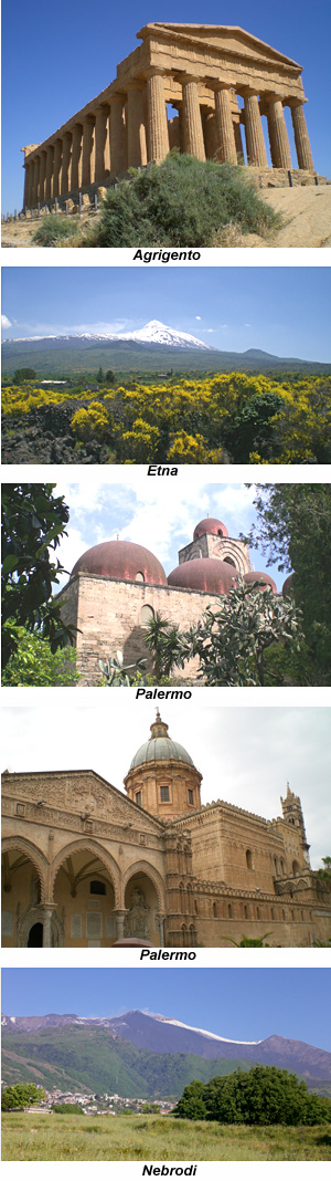 Temple at Agrigento, Mt Etna in springtime, St John Monastery, Palermo Cathedral, town in Nebrodi Mountains.